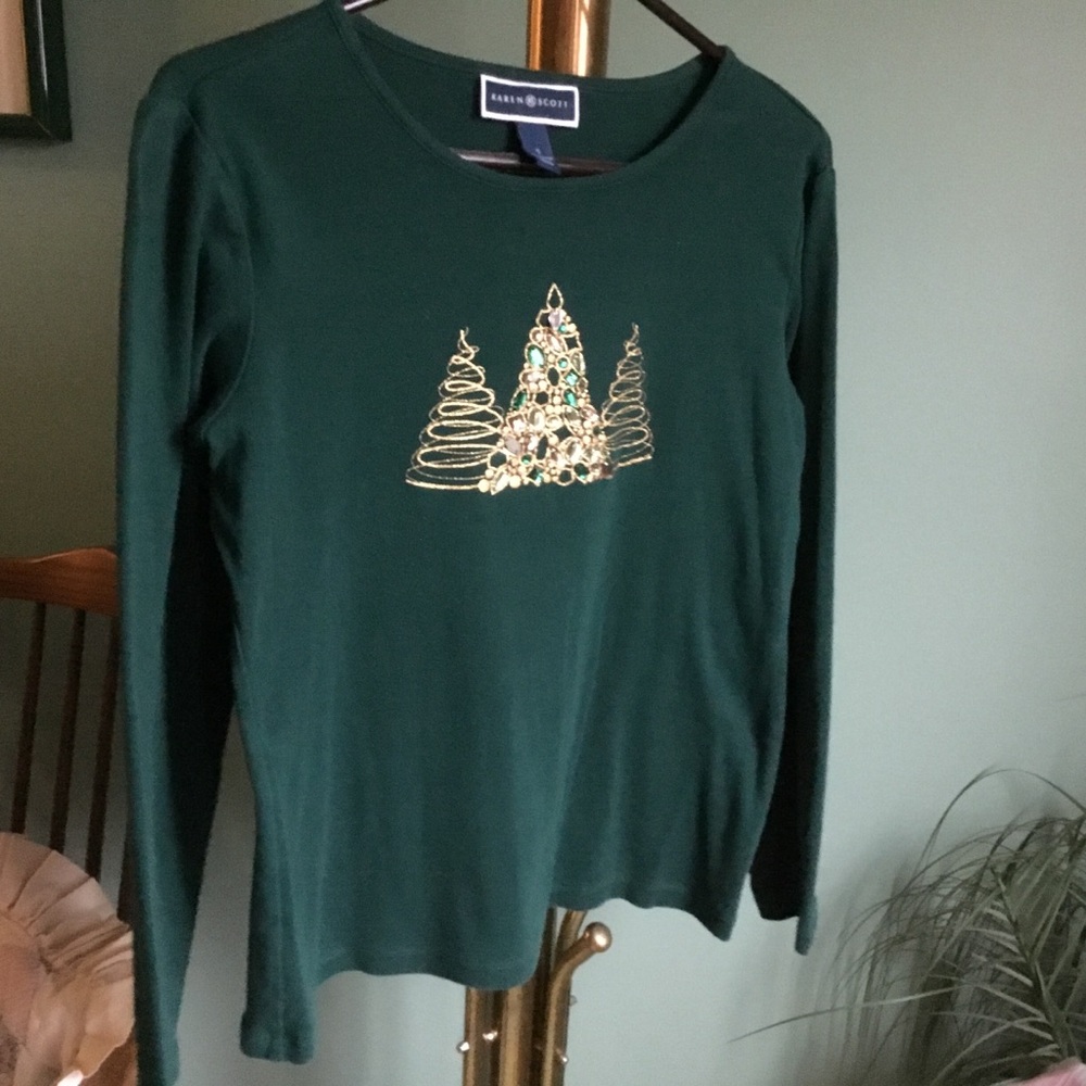 Hunter Green Beaded Holiday Cotton Top - Size S - EUC
